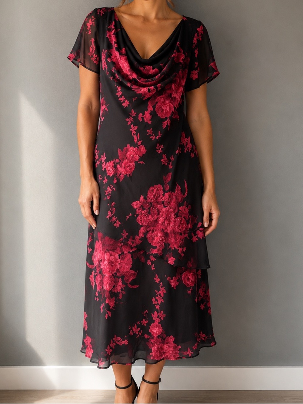 Connected Woman 2X Black & Hot Pink Floral Sheer Overlay Dress